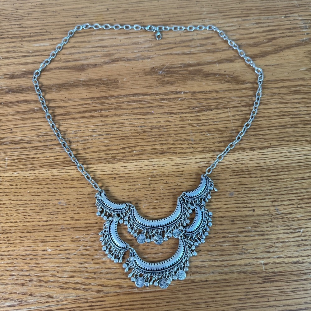 Boho Silver Tone Crescent Bib Statement Necklace Ethnic Tribal Coin Tassel Drop